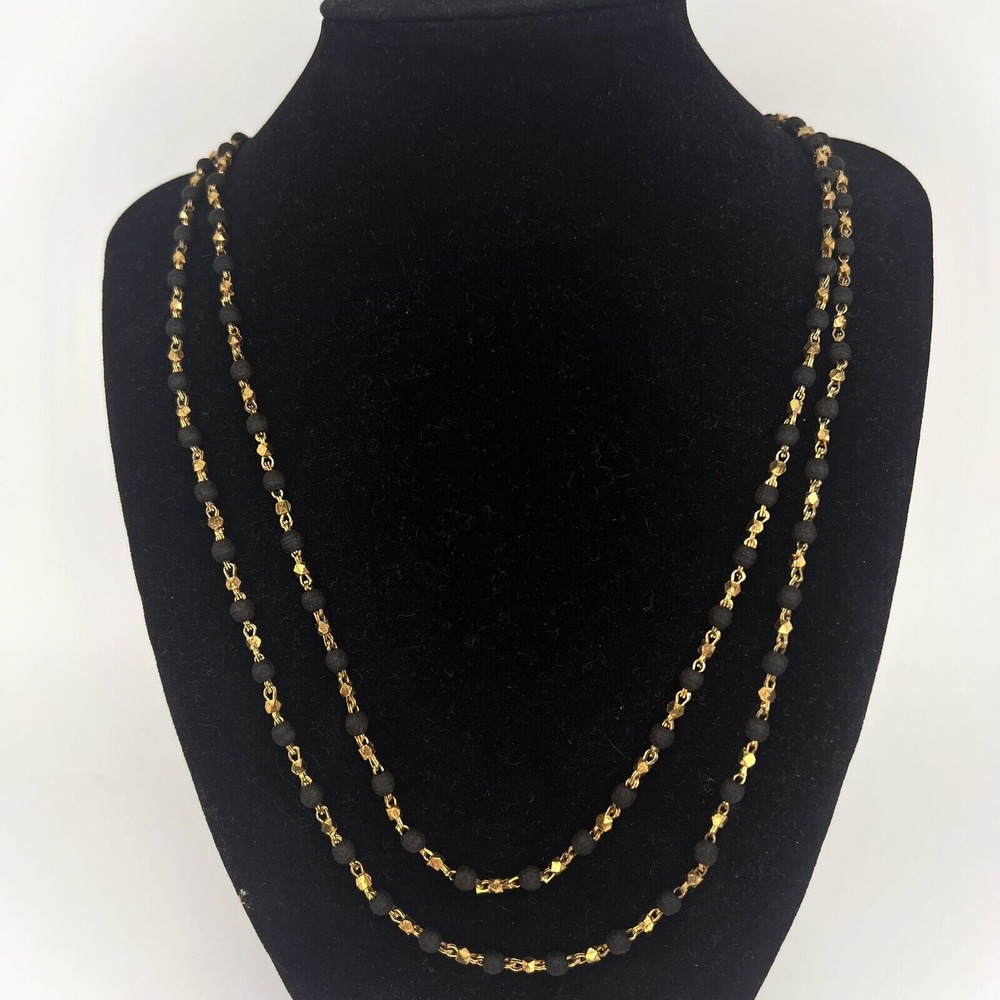Vtg Shalagrama Rosary Inspired Two Chained Gold Tone Necklace with‎ Wooden Beads